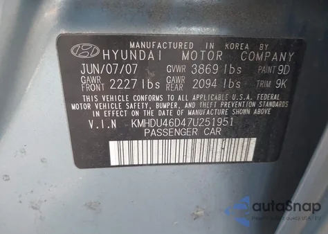 2007 Hyundai Elantra Gls/Limited/Se from USA, damaged, VIN KMHDU46D47U251951
